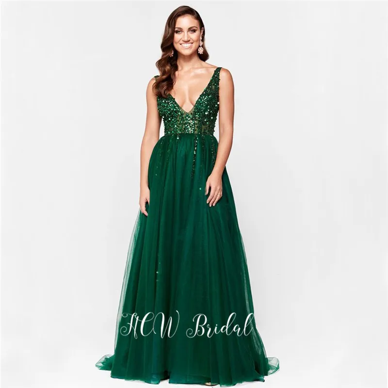 

Bling Beading Dark Green Evening Dress See Through V Neck A Line Backless Dark Green 2019 Hot Selling Prom Party Dresses Cheap