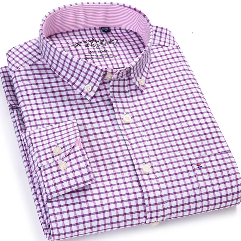 Высококачественные Оксфордские мужские рубашки с длинным рукавом, Повседневная хлопковая рубашка, клетчатая/Цветочная сорочка, тонкая мужская офисная одежда, брендовая одежда