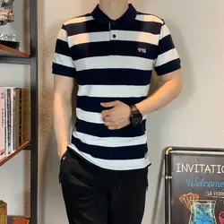 Мужская рубашка-поло 2019 лето высокого качества модная деловая Повседневная дышащая полосатая с коротким рукавом Чистая хлопковая одежда