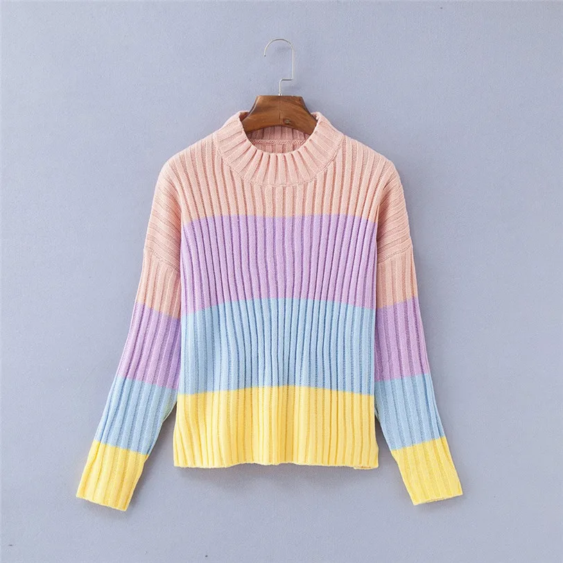 chic rainbow pullover women 2018 stripe women's sweater knitted pulover feminino manga longa inverno dropshipping #F#40OT5 (4)