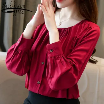 

blusas mujer de moda 2019 womens tops and blouses harajuku Button Solid shirts Square Collar chiffon blouse Full 2446 50