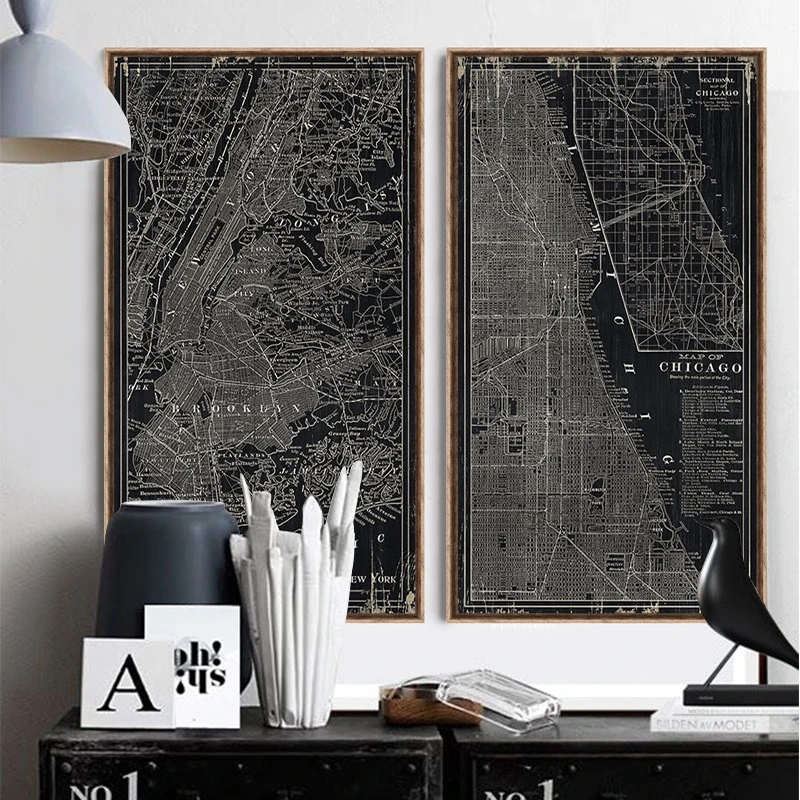 

Black and white modern city map 3 piece canvas art for living room home decor painting bedroom posters and prints cuadros
