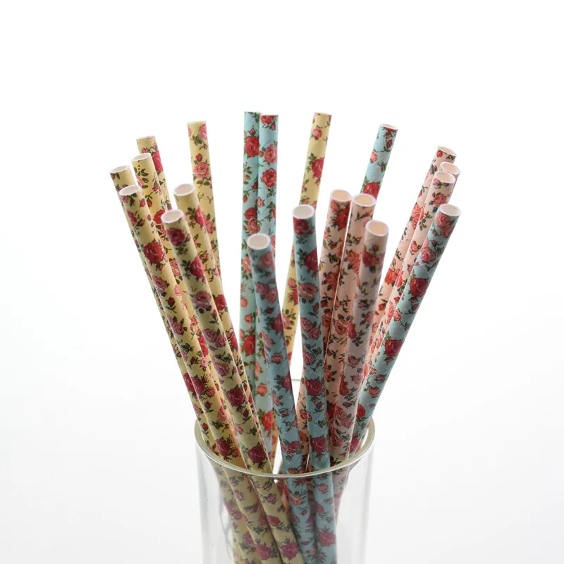 25pcs Big Rose Creative Paper Drinking For Kids Birthday Wedding Party Party Decoration Christmas Retro Floral Paper Straws