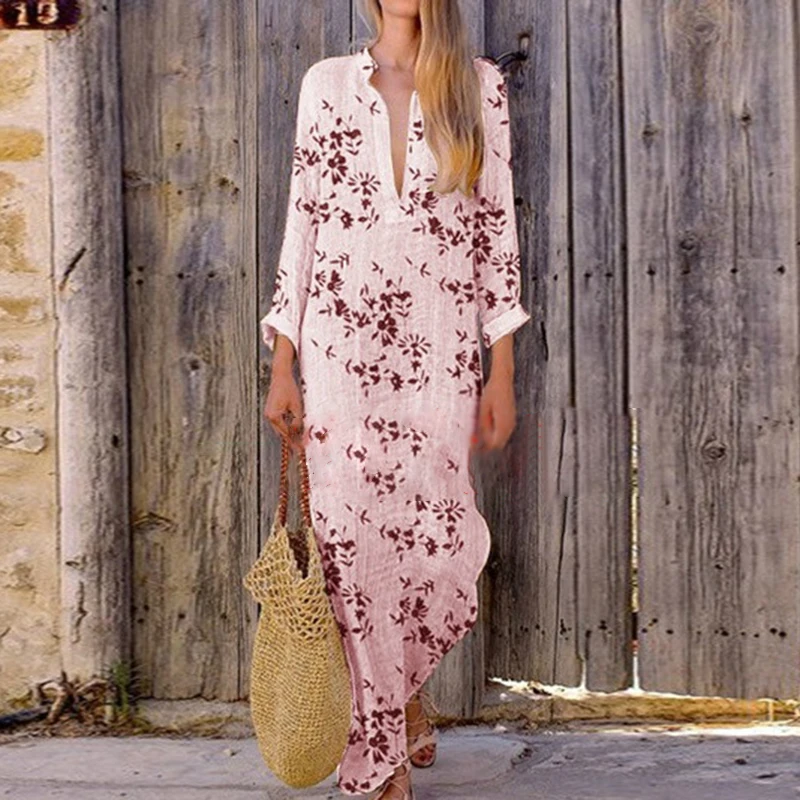 

Fashion Floral Women Deep V Dress Print Long Sleeve Tropical Summer Dress Loose Casual Beach Dress Ladies Loose Maxi Dresses