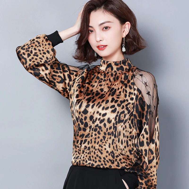  Fashion womens tops and blouses sexy lace off shoulder top Leopard print chiffon blouse shirt long 