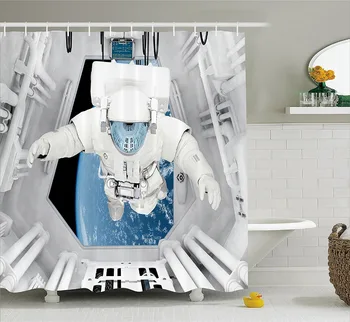 

Outer Space Decor Shower Curtain Astronaut inside Spaceship Cosmic Journey Celestial World Universe Theme Fabric Bathroom Decor