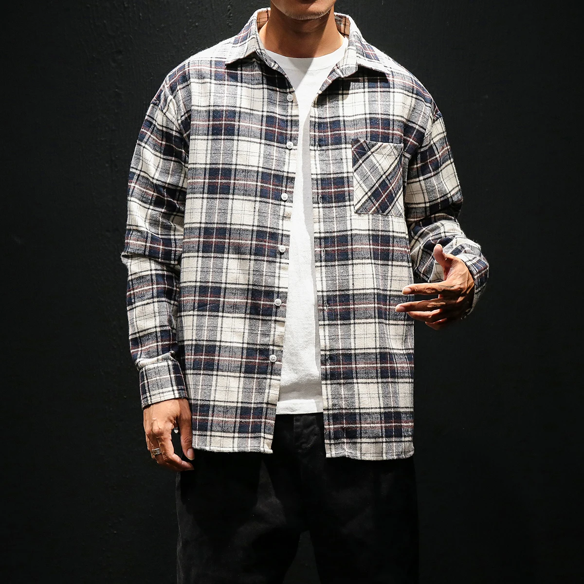 

2019 Autumn Hip Hop Plaid Shirts Men Casual Loose Men Shirts Japanese Long Sleeve Shirt Men Harajuku Male Shirts