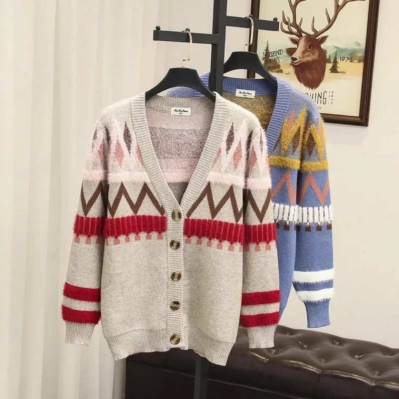 Office Patchwork Striped Sweater Tops Warm Size Blue Women Lady Ubetoku Clothing Plus khaki 2018autumn Knitted my4 Style Preppy Jacket SqXnxSYO