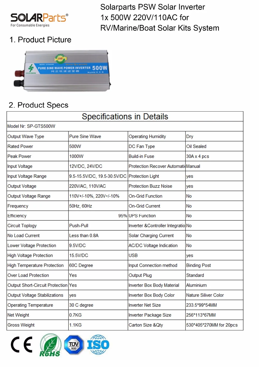 Solarparts 1x 500W solar inverter PSW 12V 24V DC to 220V 110V AC outdoor RV Marine