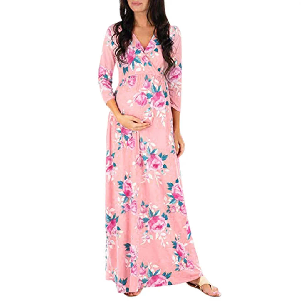 

New Style V Neck Long Loose Pregnant Women Floral Long Maxi Dresses Maternity Gown Clothes Pregnancy Summer Beach Sundress