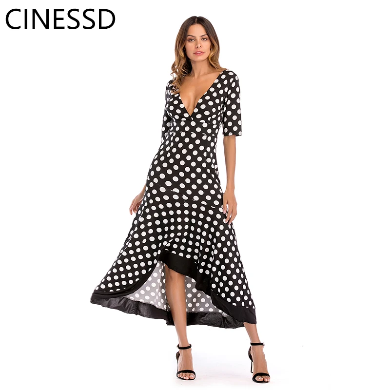 

CINESSD Polka Dot Dress Deep V-neck Irregular Ruffled Bohemian Long Open Back Ankle-length Dress 2019 Summer Women's Dress
