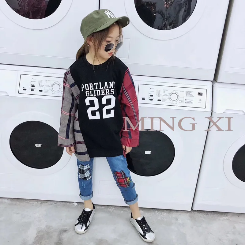 

In the spring of 2018 New Kids Girls t-shirt t-shirt long sleeve cuff children girls stitching printing letters long T-shirt