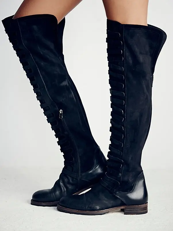 Daim Côté Pic Femme Pic As Zip Haute Appartements Patchowork En Chevalier Cuir Mode Le Chaussures Sur Moto Bottes as Rétro Boucles Biker Genou R6xRnq0TwB