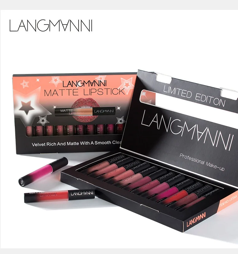 

Langmanni 12pcs/Set mist Matt Liquid lip gloss makeup Waterproof Nutritious Velvet Long Lasting Red Tint Nude batom Lipstick
