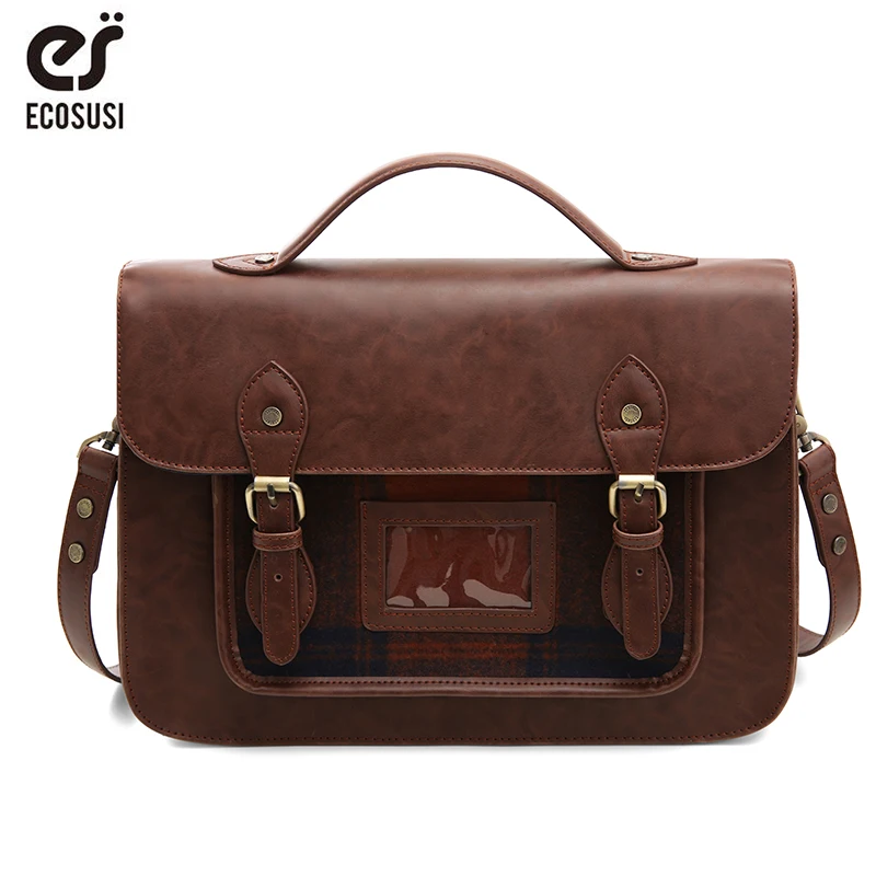 

ECOSUSI 13'' Women PU Leather Handbag Retro Female Laptop Messenger Bags Vintage Faux Leather Briefcase School Shoulder Backpack