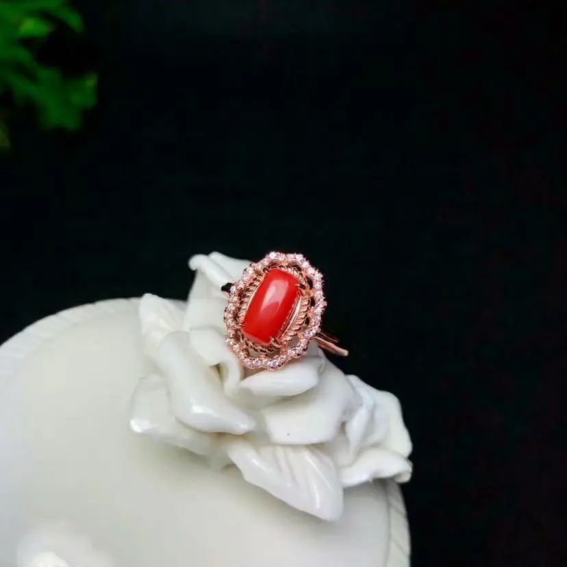 

shilovem 925 sterling silver real Natural red coral rings fine Jewelry wedding women trendy open party gift 4*8 bj0408038agsh