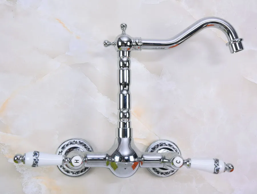 Polished Chrome Brass Wall Mounted Double Ceramic Handles Levers Bathroom Kitchen Sink Faucet Mixer Tap Swivel Spout anf964
