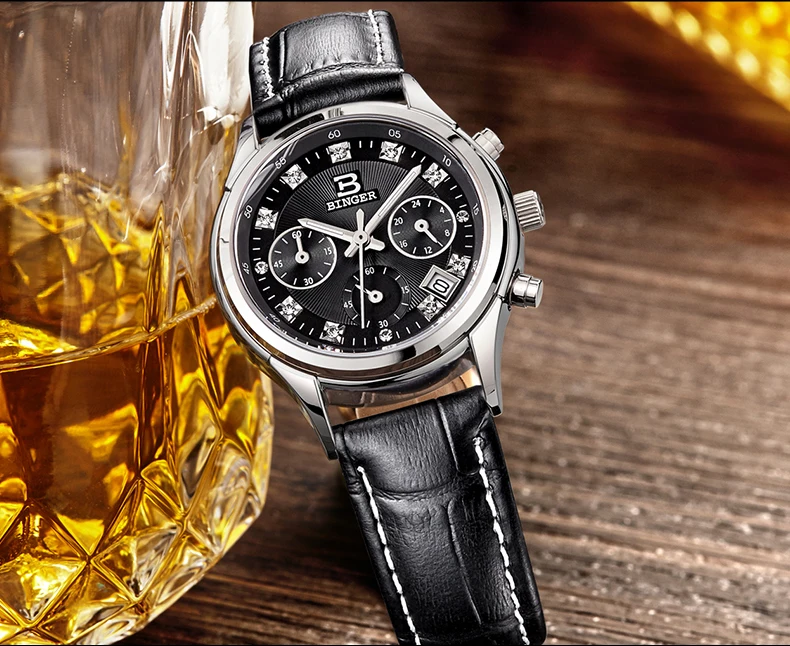 Оригинальные мужские водонепроницаемые часы бренда swizerland BINGER с кожаным ремешком, модные мужские часы с секундомером и календарем