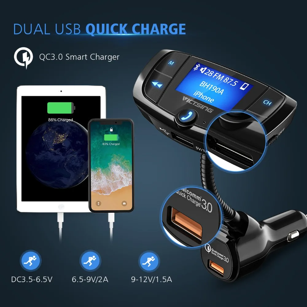 VicTsing Bluetooth FM Transmitter QC3.0 Car Wireless Radio Adapter Hands-Free Calls Dual USB Ports mp3 Player Radio Transmitters (5)