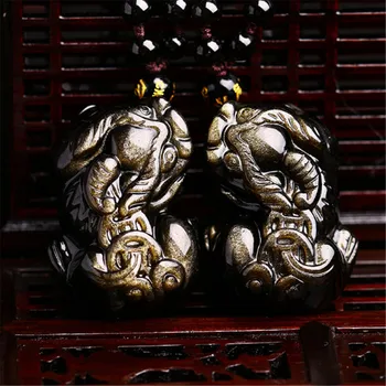

Hand Carved Golden Obsidian Pixiu Pendant Necklace Lucky Natural Obsidian Crystal 2 Coins Generations are rich Fine Men Jewelry