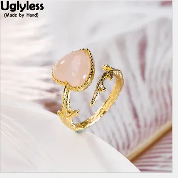 

Uglyless 100% Real 925 Sterling Silver Heart Finger Rings for Women Pink Crystal LOVE Open Ring Gold Plated Fine Jewelry Gift