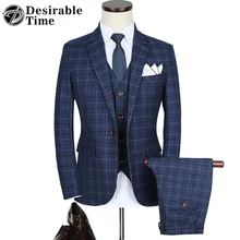 Mens Blue Plaid Suits with Pants M-5XL Fashion New Arrival Slim Fit Wedding Suit Men (Jacket+Vest+Pants) DT075