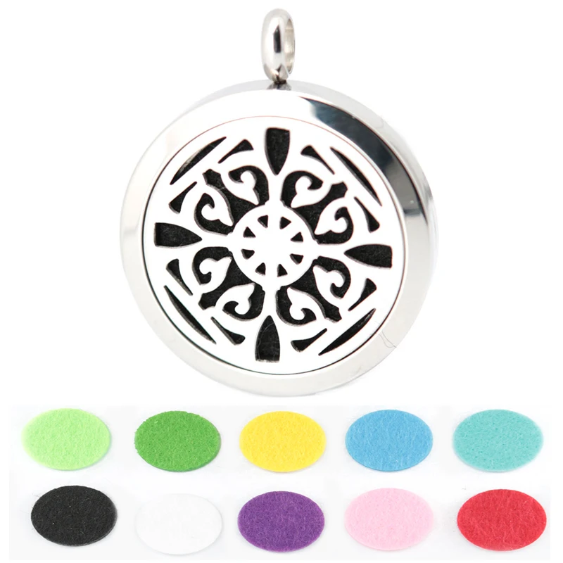 10pcs Round Silver Design 30mm Aromatherapy Essential Oils Stainless Steel Perfume Diffuser Locket Necklace With chain and Pads