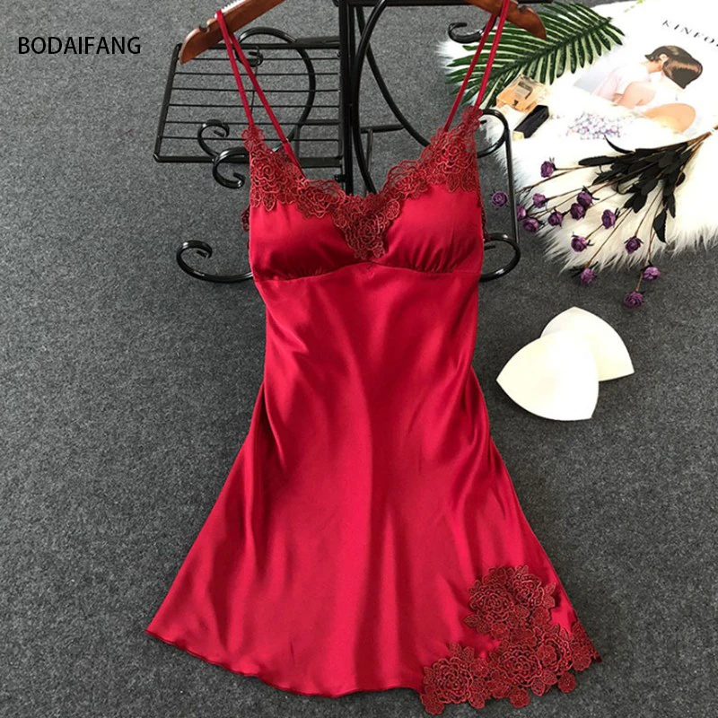 BODAIFANG Sexy Ladies Silk Satin nightgown Lace Temptation Sleeveless V ...