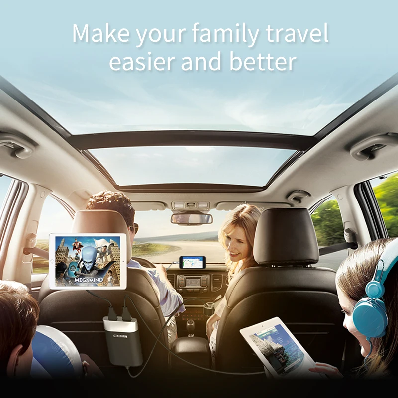 MEIDI Car Charger 4 Ports USB & Cigarette Lighter Adapter With 2M Cable Universal USB fast charger for Mobile Phones Tablet 