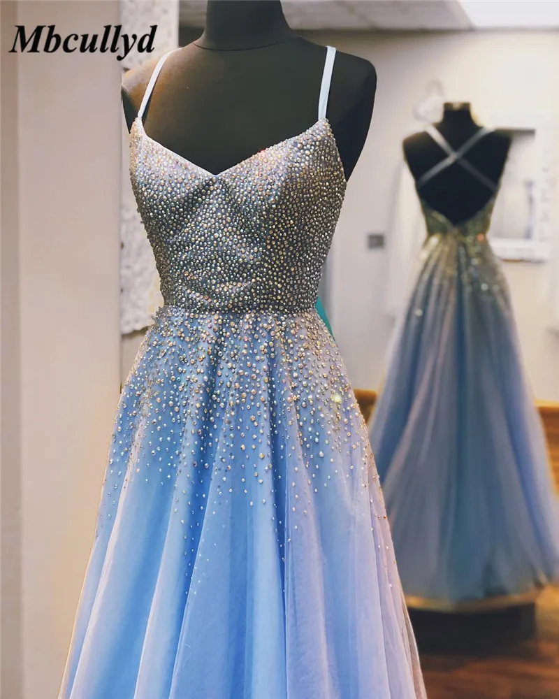 

Mbcullyd Light Blue Prom Dresses 2019 A Line V Neck Open Back Lace Tulle Floor Length Long robe de soiree Dress Evening Wear
