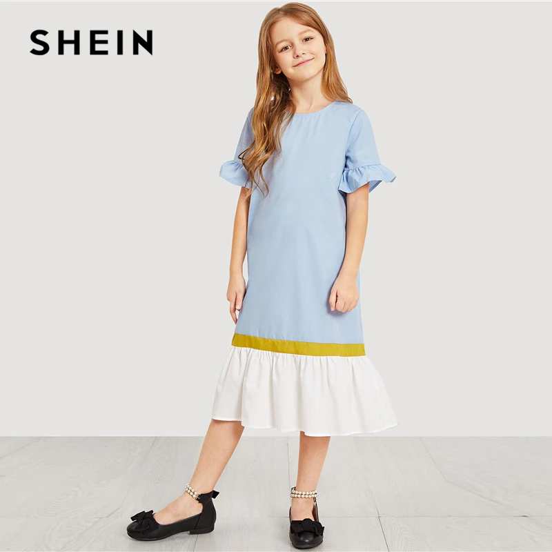 

SHEIN Kiddie Keyhole Back Cut and Sew Ruffle Button Tunic Teenage Girl Party Midi Dress Summer Shift Casual Girls Dresses