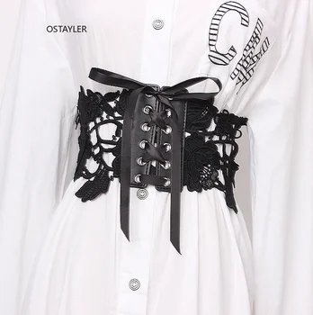 

2019 Newest White Black Lace Elastic Waist Band Belts For WOmen Hollow-out Bandage Applique Flower Slimming Corset Strap Belts