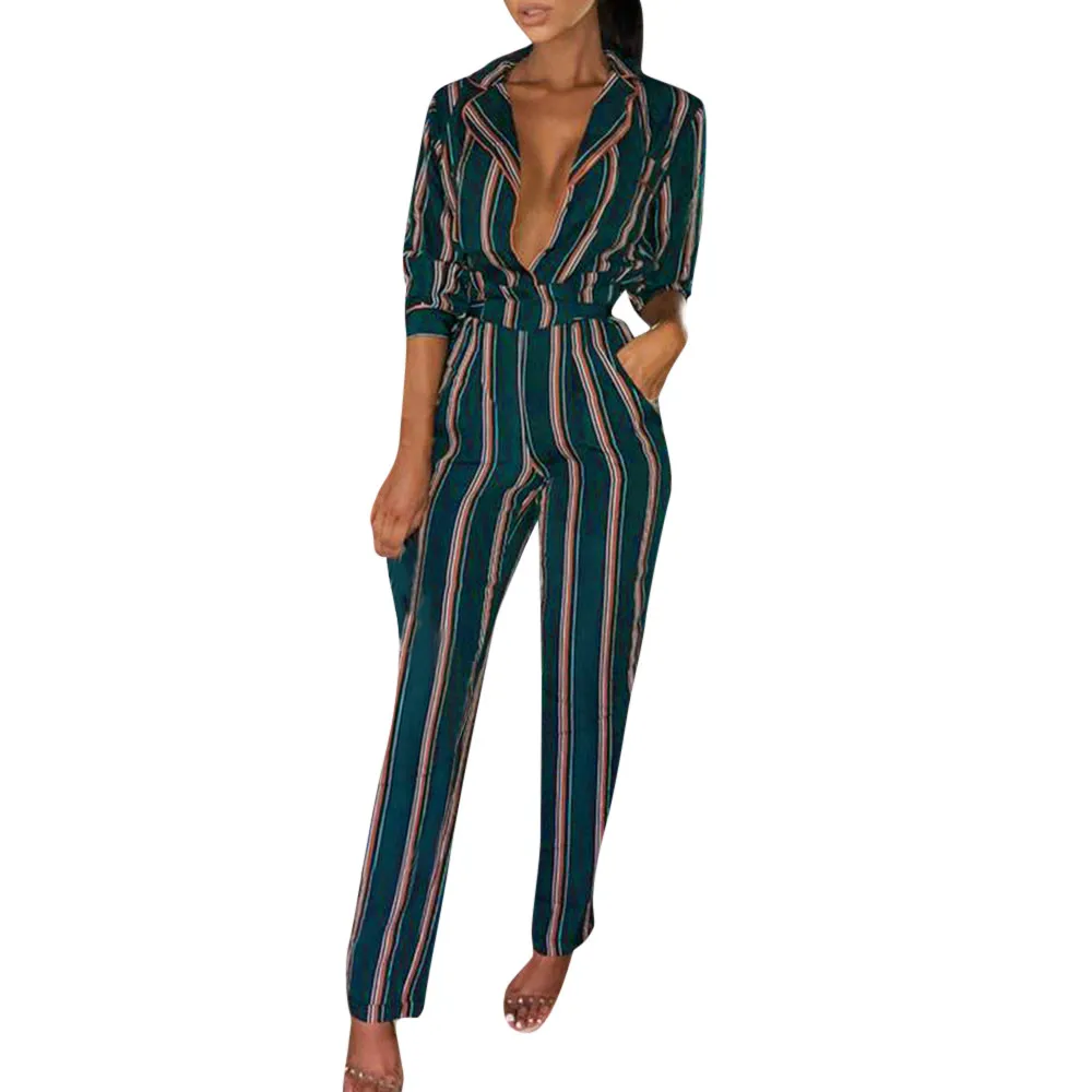 

Multicolor Striped printed Office Lady Casual sexy Jumpsuit Women Stripe Long Sleeve Playsuit Clubwear Straight Leg Party Romper