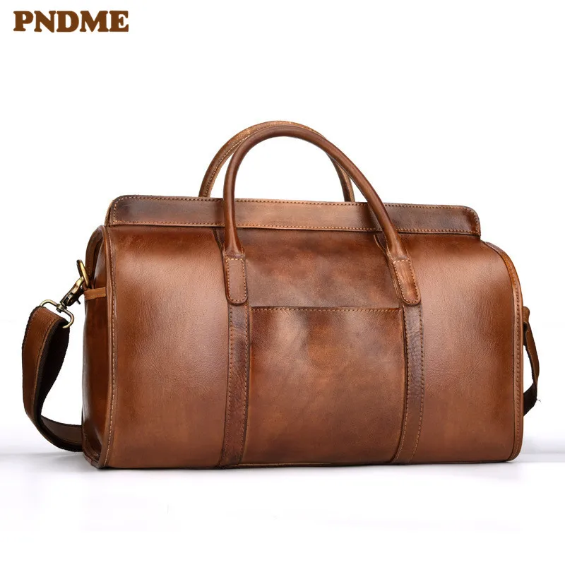 

PNDME vintage simple genuine leather men's travel bag high quality soft cowhide arge capacity handbag shoulder bag duffel bag