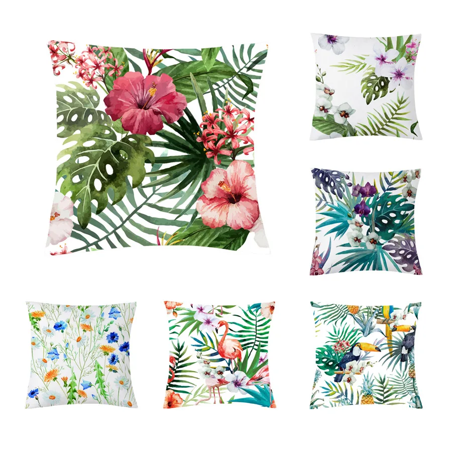 

YWZN Tropical Plants Cushion Cover Green Leaves Flamingo Cushion Cover Flowers Plants Decorative Pillowcases Throw Pillow Case