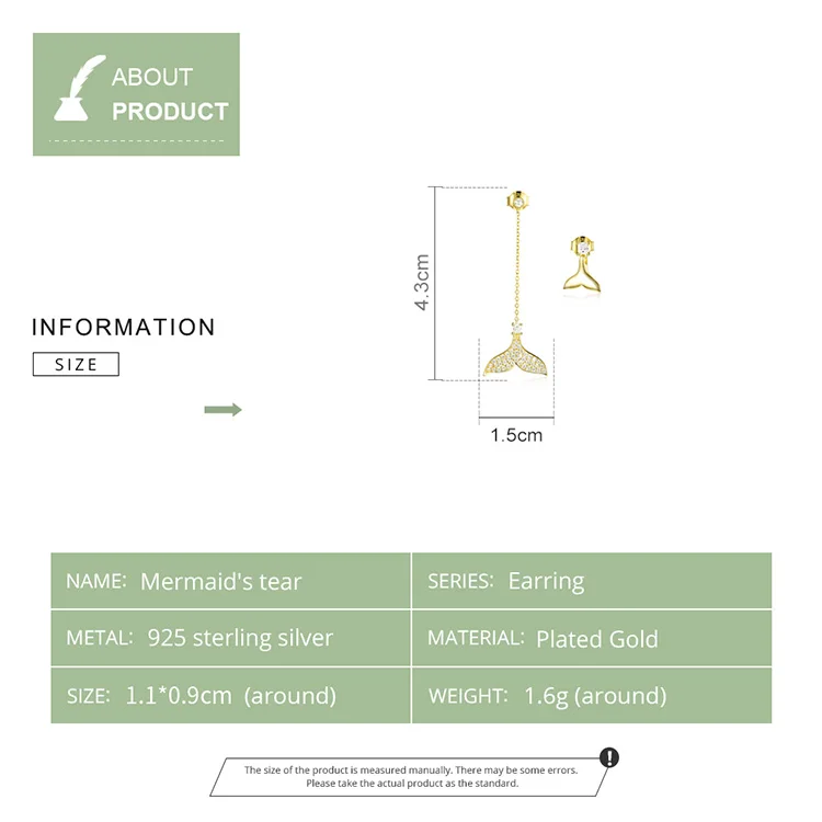 BISAER, серьги русалки, 925 пробы, серебро, циркон, золотой цвет, хвост русалки, цепочка, серьги-гвоздики для женщин, серебряные ювелирные изделия EFE164