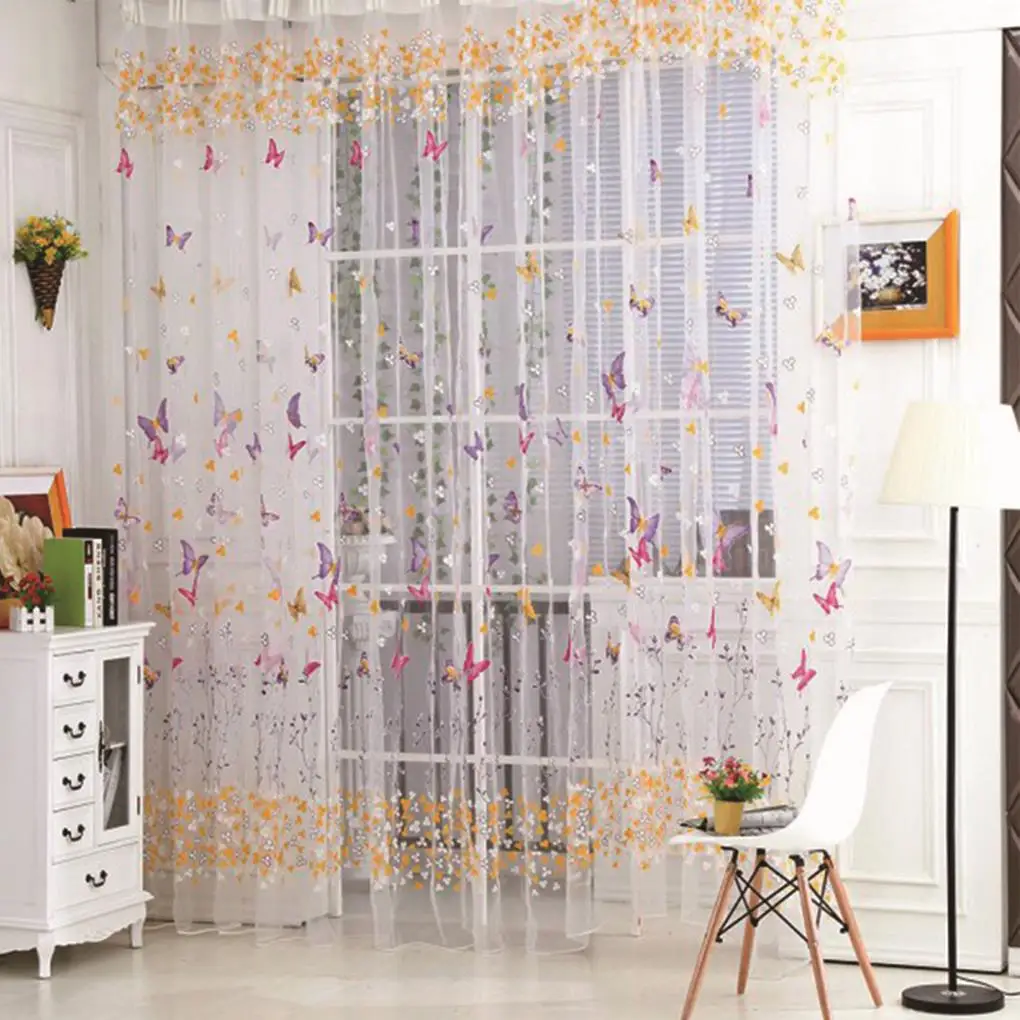 Butterfly Print Sheer Curtain Panel Window Balcony Tulle Room Divider Curtain 