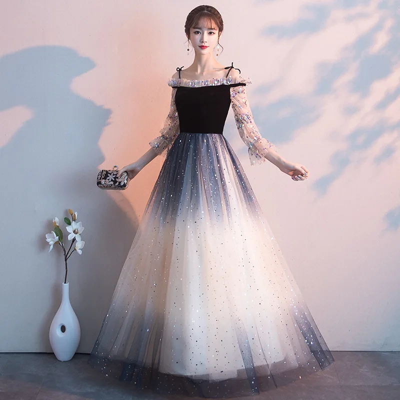 

Cutomized Evening Dresses Gradient Color Shining Sequined Formal Prom Dress Spaghetti Strap A-line Tulle Long Party Gowns E355