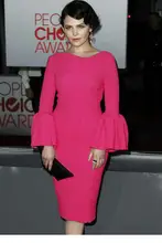 Winter Frühling Mode Frauen 2016 Rosa Lange Ärmel-cocktailkleid Midikleid Mit Tulip Cuffs Knielange Kleider mit Zurück reißverschluss