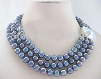 

LHX54013>>>17-19" 3row 9mm black round freshwater pearl necklace-925 silver Mabe blister