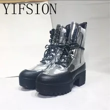 YIFSION New Fashion Silver Genuine Leather Women Ankle Boots Round Toe Lace Up Thick Heel Women Warm Platform Boots Shoes Woman YIFSION New Fashion Silver Genuine Leather Women Ankle Boots Round Toe Lace Up Thick Heel Women Warm Platform Boots Shoes Woman