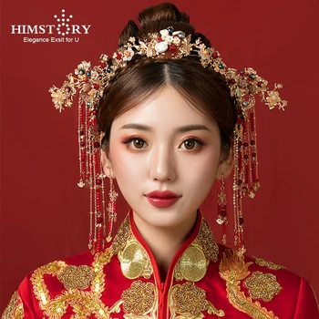 

HIMSTORY Chinese Style Red Floral Hairpins Vintage Ancient Bridal Headdress with Earrings Women Wedding Jewelry Hair Accessories