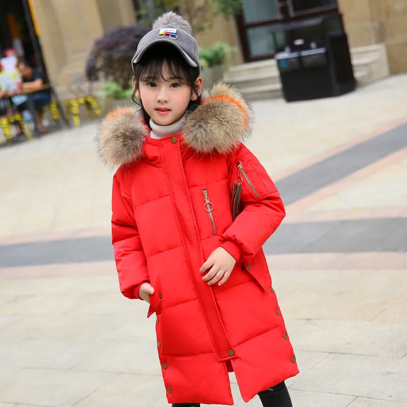 

Girls Down Coats 2019 Fashion Winter Coat Kids Warm Thick Fur Collar Hooded Long Parka Winter Jacket for Teenage Clothes 5-14 Y