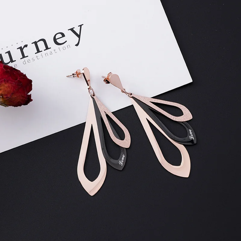 

Rose Gold Stainless Steel Three-layer Geometric Matte Long Drop Earrings Women Hollow Rhombus Contrast Color Statement Earrings