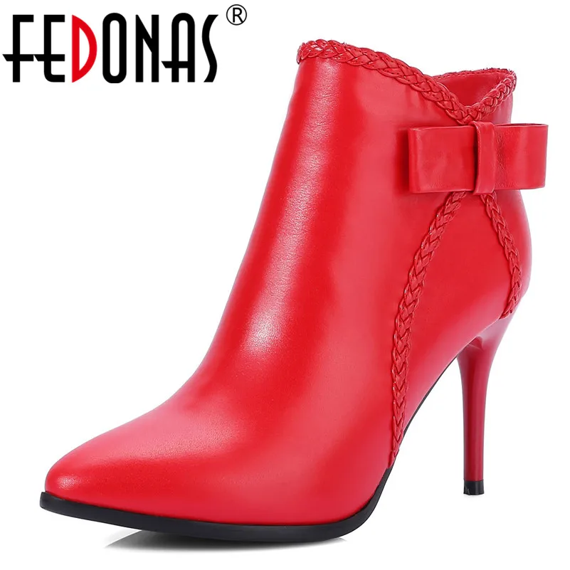 

FEDONAS Fashion Women Genuine Leather Ankle Boots Butterfly-knot Wedding Party Shoes Woman High Heels Short Ladies Basic Boots