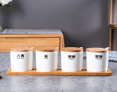 Красивая сахарница домашняя кухня 4 в 1 набор керамики для соли и специй баночки с 4 ложками черные слова можно снять - Цвет: Design 4