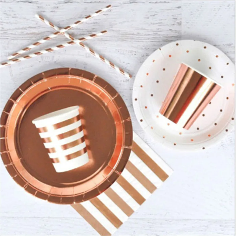 

8Pcs High Quality Rose Gold Party Disposable Paper Tableaware Sets Papers Cup Plates For Wedding Birthday Party Supplies