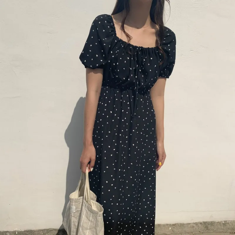 

Women Summer Black Long Shape Print Dress Square Collar A-Line Vestidos Robe Femme High Waist Sukienki Casual Sommerkleid Jurken