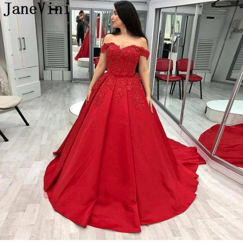 red off the shoulder ball gown