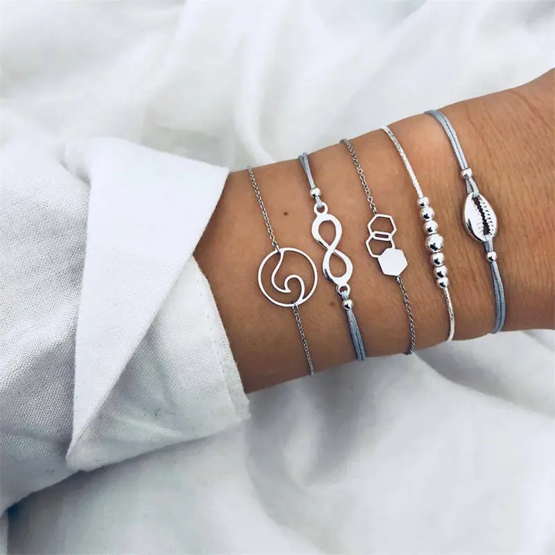 

NEWBUY 5Pcs/Set Trendy Bohemia Style Bracelet & Bangle 2019 New Fashion Wave 8 Shape Infinity Shell Beads Charm Bracelet Femme